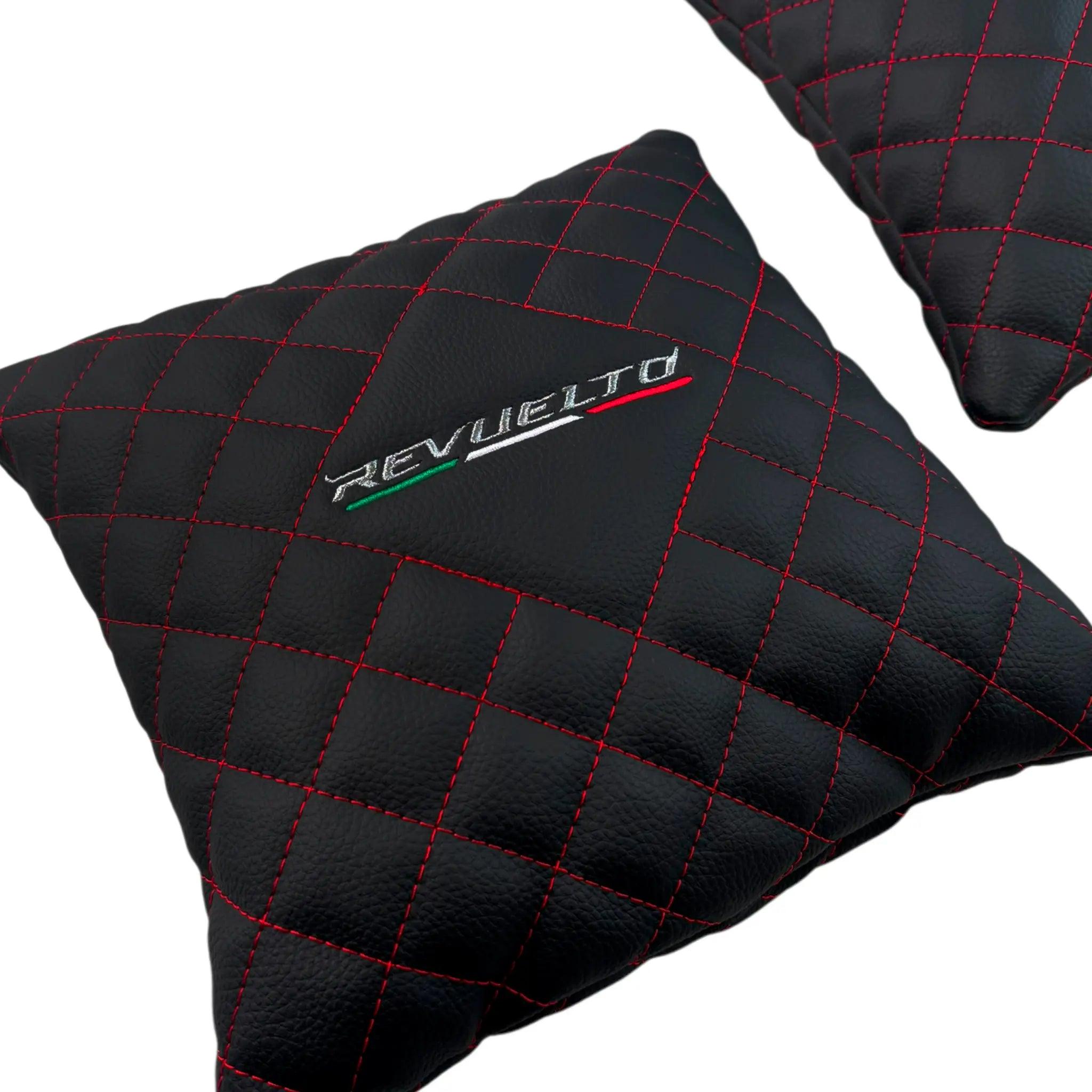 Black Leather Pillows for Lamborghini Revuelto Set of 2 | Red Sewing