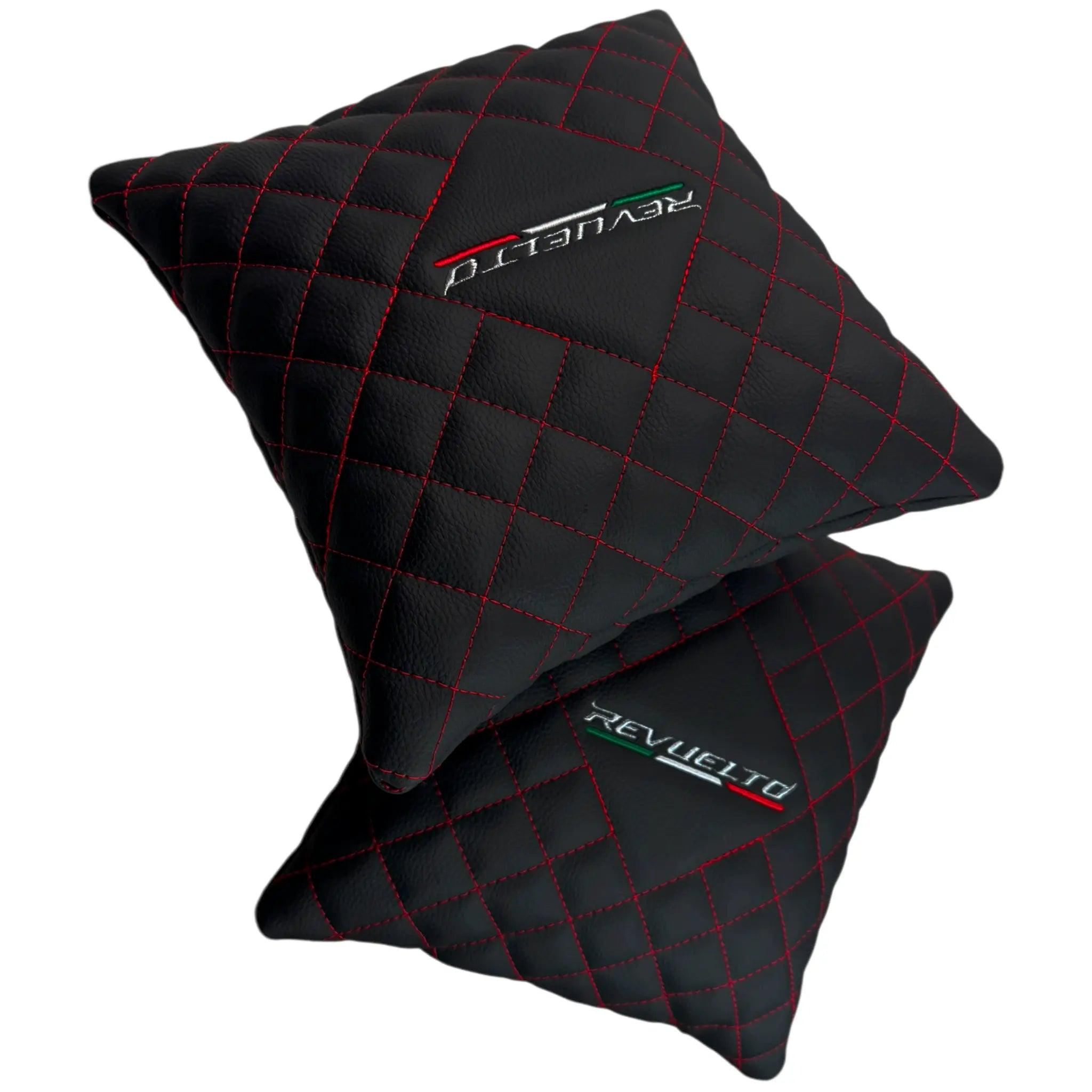 Black Leather Pillows for Lamborghini Revuelto Set of 2 | Red Sewing