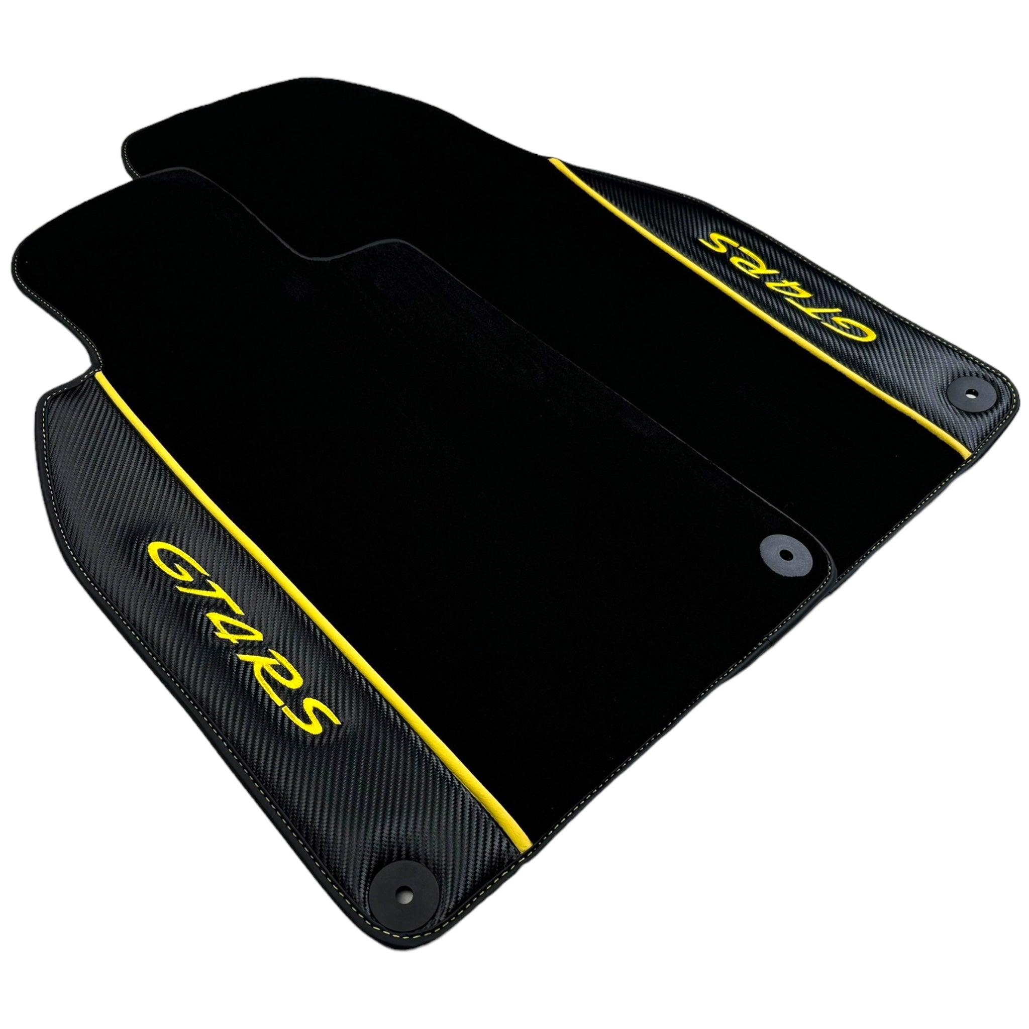 Black Floor Mats for Porsche 718 Cayman GT4 RS (2017-2024) with Carbon | Yellow Accents - AutoWin