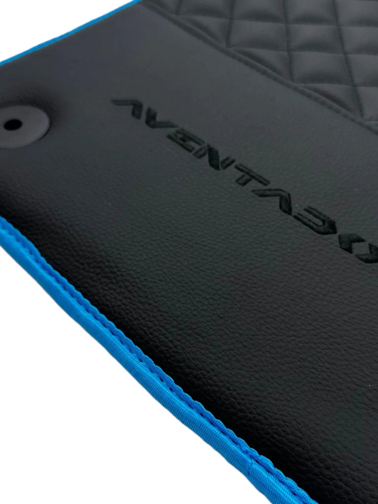 Black Leather Floor Mats For Lamborghini Aventador with Blue Trim